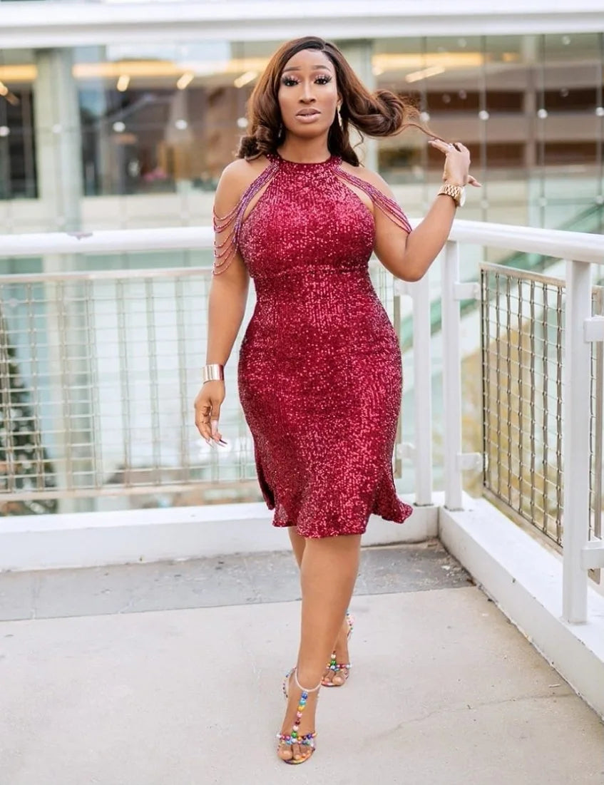 Evening Dresses O-Neck Mermaid Knee-Length Long Sleeved Sequin