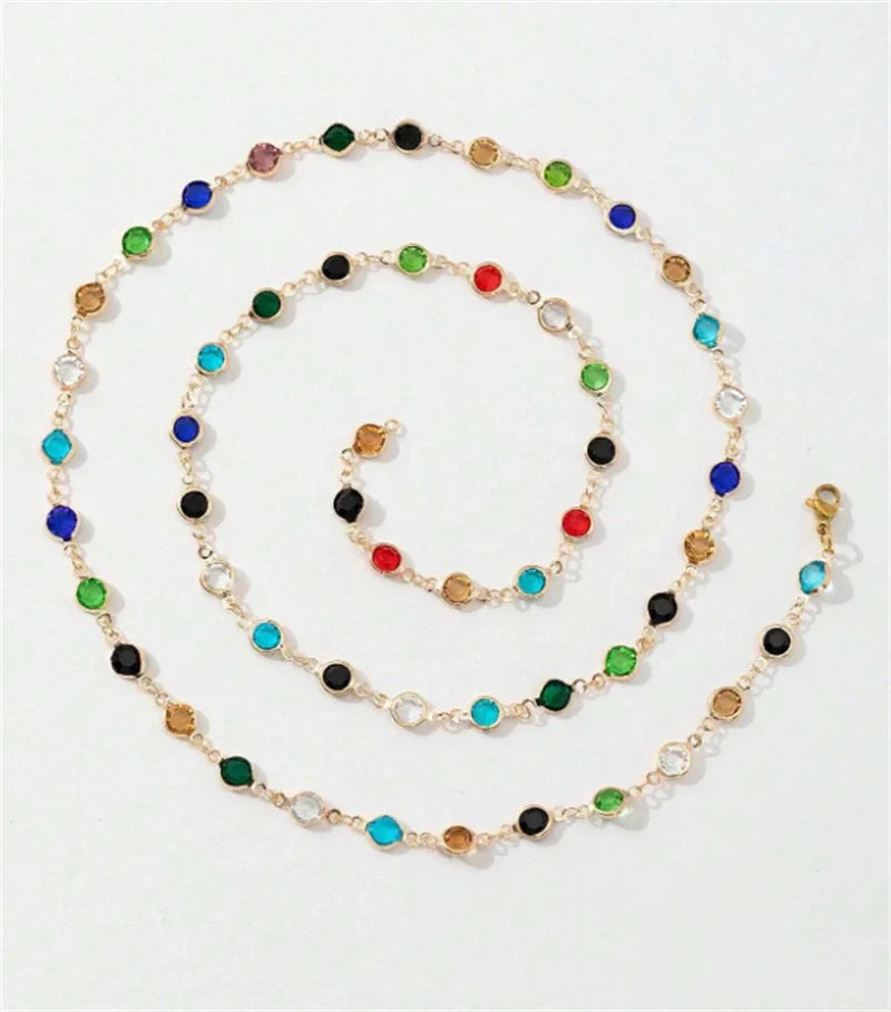 Bohemian Colorful Glass Long Y-Shaped Necklace Metal Collarbone Chain Gold Silver Color Summer Holiday Party Body Jewelry Gifts