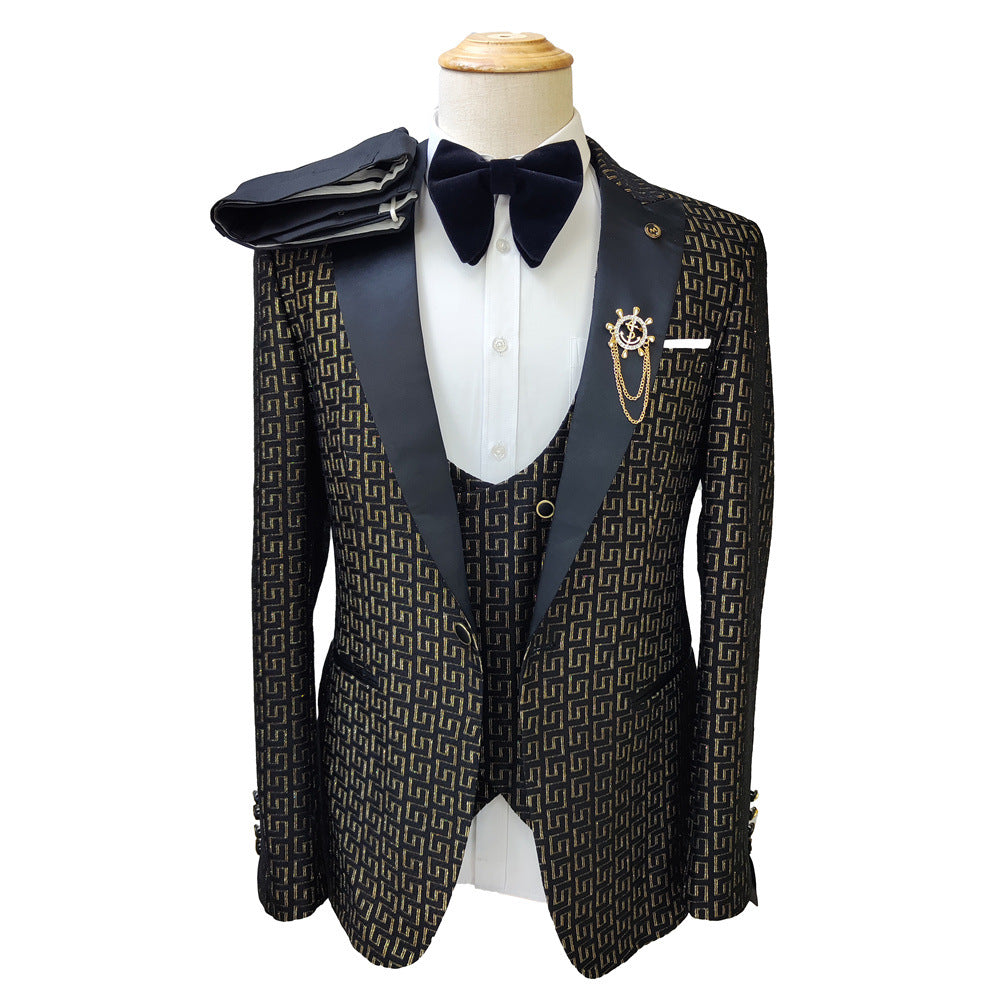 Black and White Men's Suit 3-piece Gold Palace Print Road Wedding Costume Men