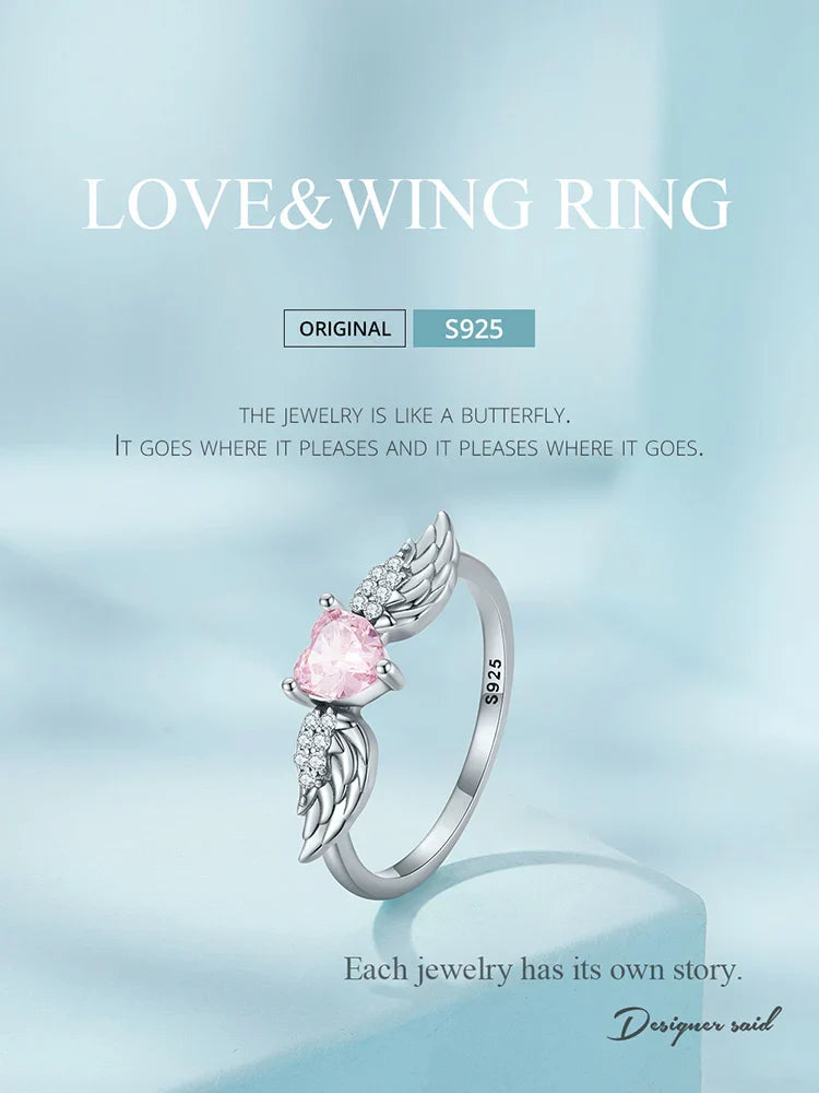 BAMOER 925 Sterling Silver Angel Wing Ring for Women Retro Feather Pink Heart Zircon Eternity Band Ring Anniversary Jewelry Gift