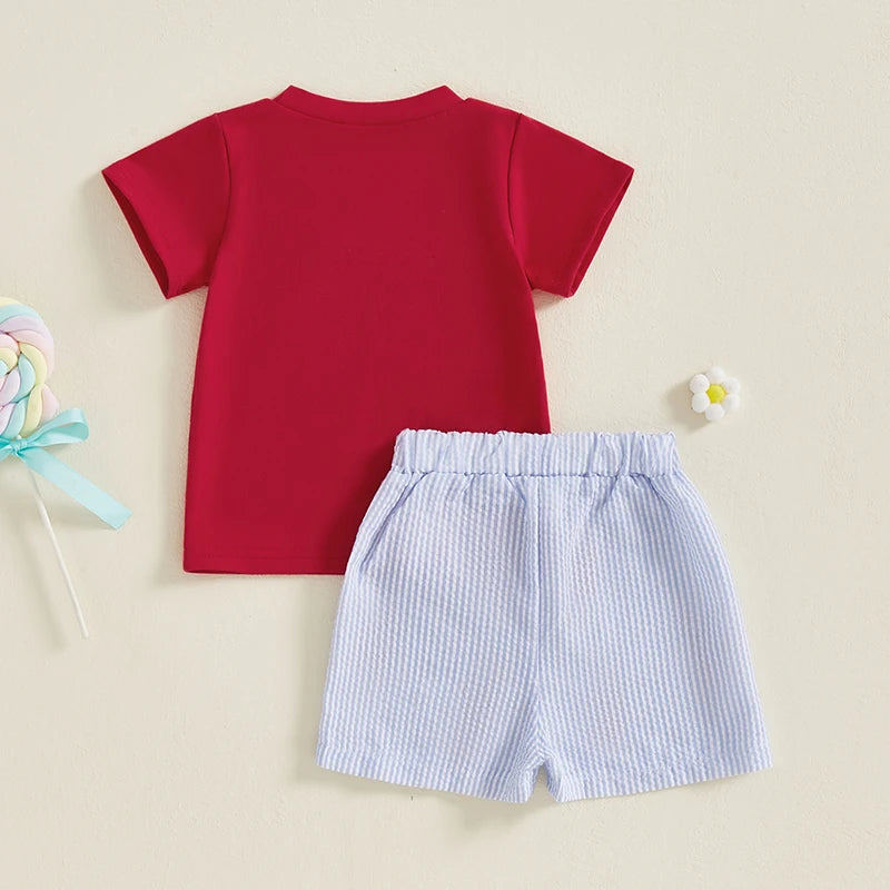 Toddler Baby Boy Summer Outfit Lobster Crawfish Embroidery Short Sleeve T-Shirt Top Striped Shorts Set Ocean Clothes