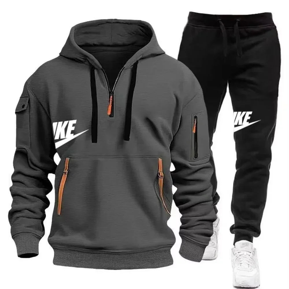 2025 New men's autumn and winter set: Multi-pocket hoodie + sport long pants set, casual men's wear, sportswear and warm set