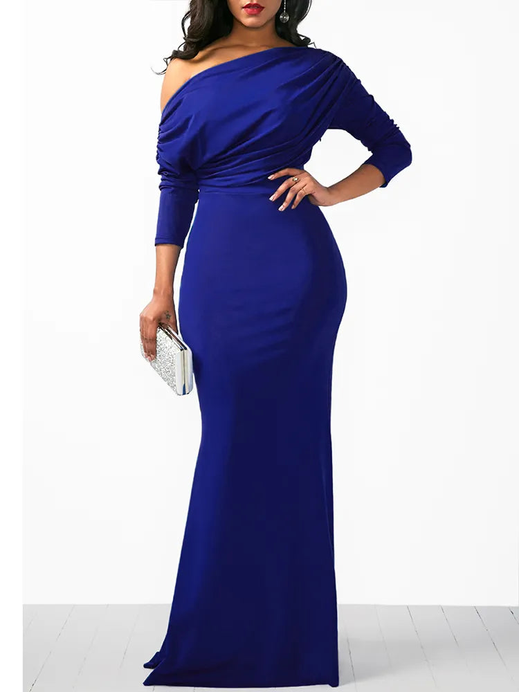 Evening Dresses:  Dresses for Women Oblique Shoulder Long Sleeved Pleated