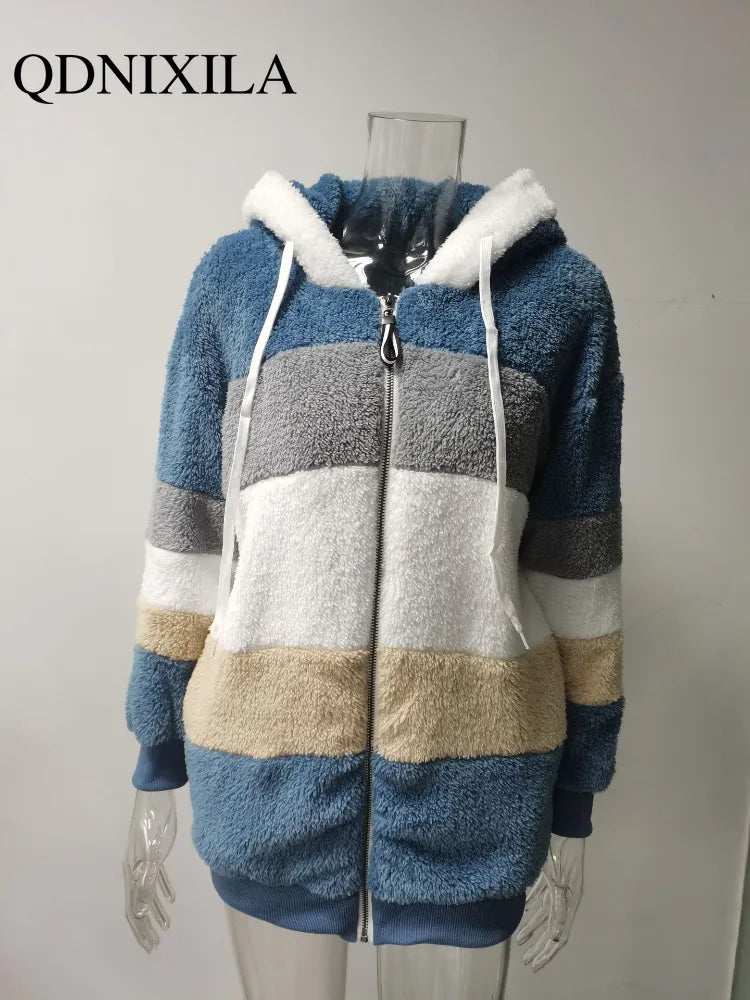 Warm Plush Zipper Pocket Hooded Loose Jacket Women Hoodie Oversize Coats Hooded