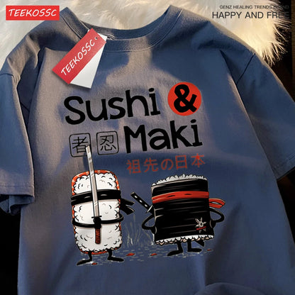 Theduc Sushi And Sushi Printing Men Women Tshirt Cotton T-Shirts Loose T Shirt Crewneck Loose Tops Fashion Clothes Unisex