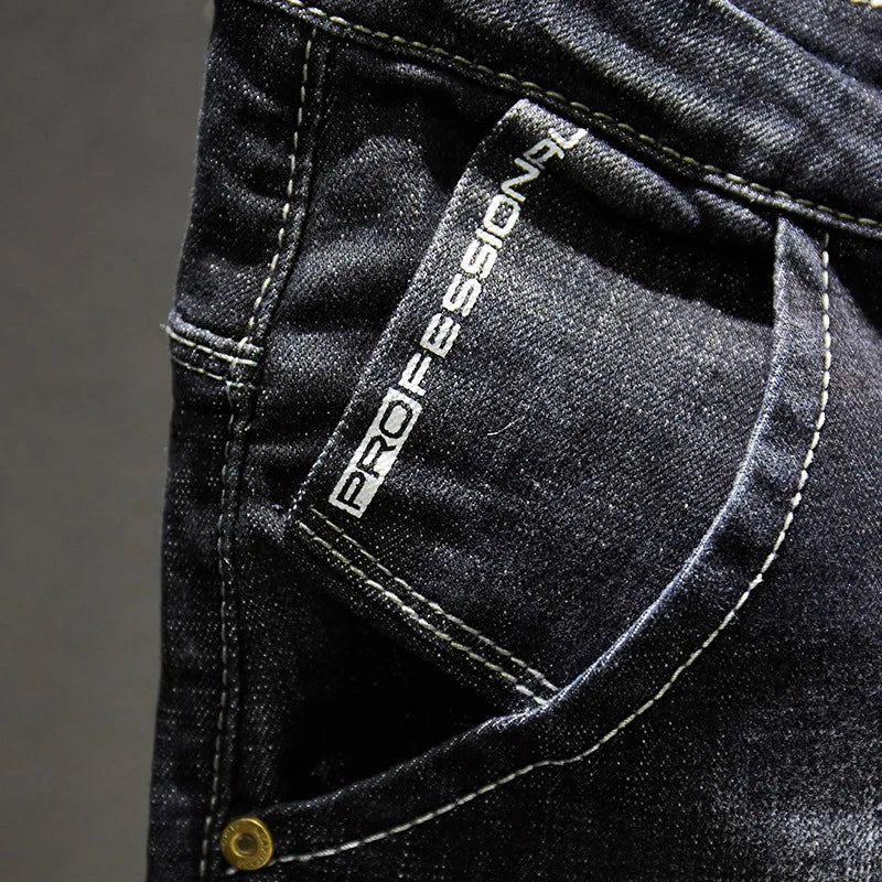 Ripped Jeans Men Dark Blue Stretch Slim Fit Distressed Streetwear Denim Pants