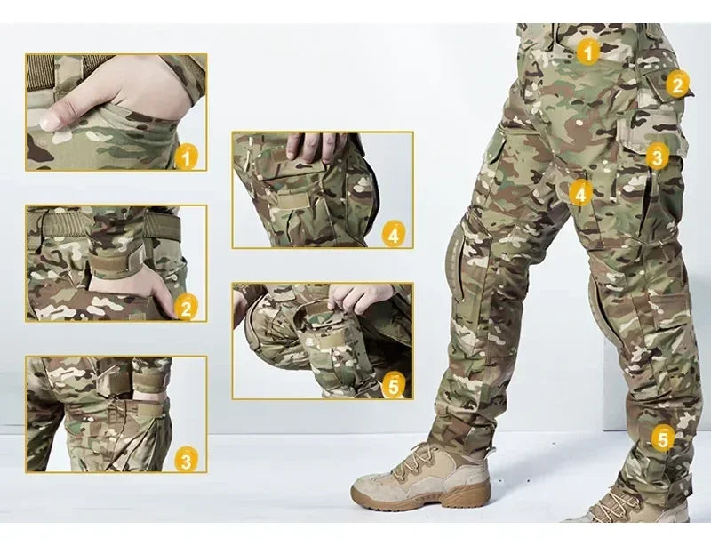 Outdoor Tactical Uniform Military Camo Hiking Training Shirts Workwear Cargo Pants+Pads Airsoft Paintball Hunting Clothes Sets