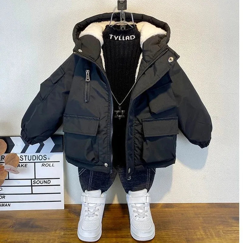 New Winter Down Cotton Jacket Boys Black Hooded Coat Children Outerwear Clothing Teenage 3-8Y Kids Parka Padded Snowsuit
