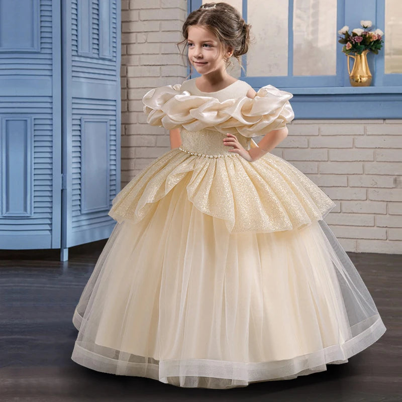 Girl's pearl sequin princess dress 4-10 years old fashionable one shoulder fluffy skirt Birthday wedding flower girl performance
