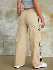 Y2K Women Fashion Wide Leg Cargo Pants Elastic Waist Tie Pockets Baggy Trousers