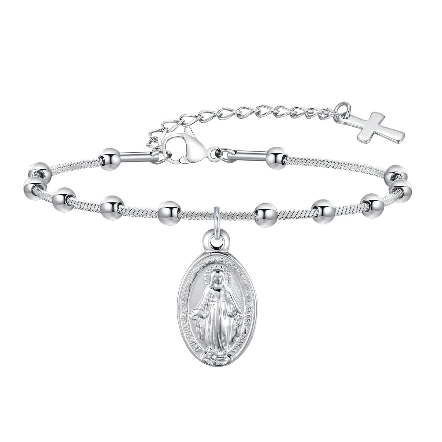 Vnox Rosary Bracelet for Women Girls, Gold Plated Stainless Steel Religious Cross and Virgin Mary Prayer Bracelets Gifts