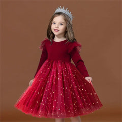 Girls Long Sleeve Autumn Winter Casual Dress Kids Sequined Tulle Tutu