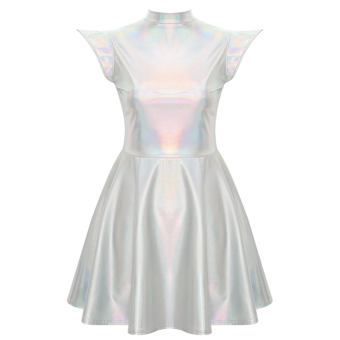 Womens Cocktail Dress Shiny Metallic Dress Alien Space Cap Sleeve High Waist A-line Dress for Halloween Party High Street Dress