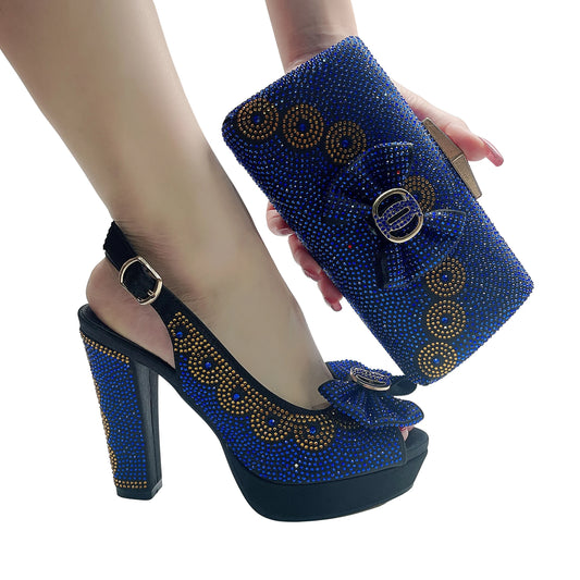 Royal Blue Italian Shoes and Bags Matching Set Pumps Summer Sandals Women Ladies Heels Shoe with Purse Set Platform Heels Woman