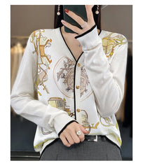 Spring And Autumn Wool Coat Jacket Women's Long Sleeve Wide V-Neck Printed