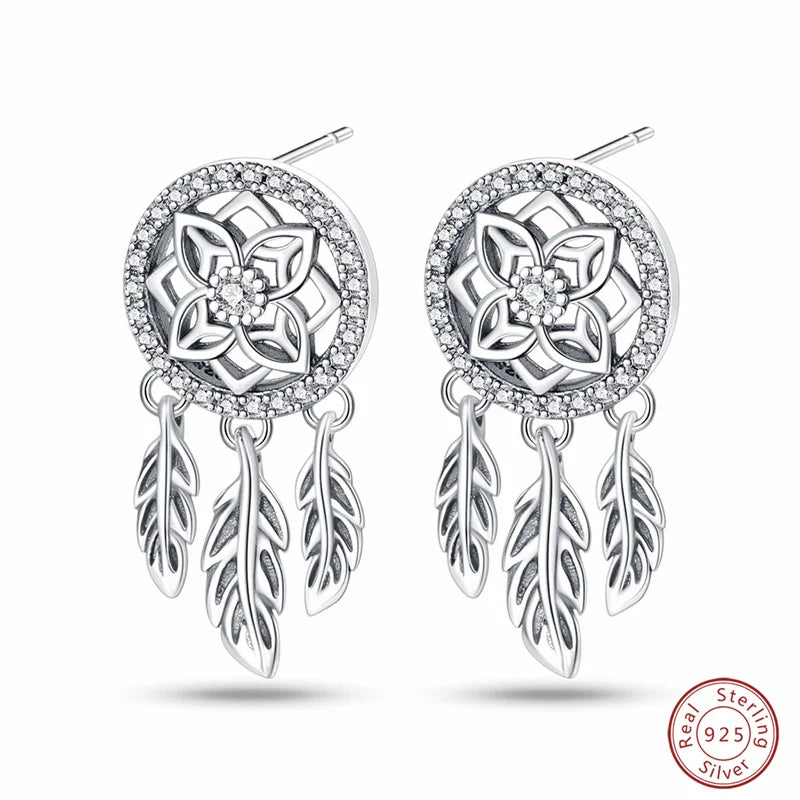 New in 925 Silver Romantic Feather Moon Stars Dream Catcher Earrings For Women Trending Fashion Jewelry Creative Birthday Gifts