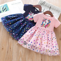 Girls Dress Cotton Cartoon Unicorn Splicing Mesh Party Princess Dresses