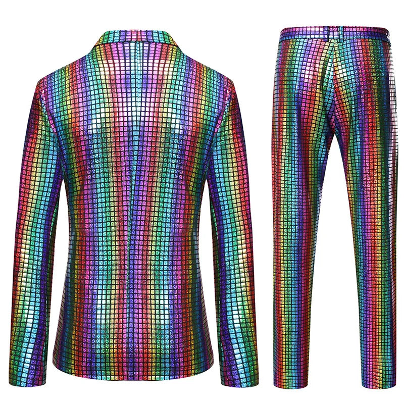 Mens Stage Prom Suits Shiny Rainbow Plaid Sequin Jacket Pants