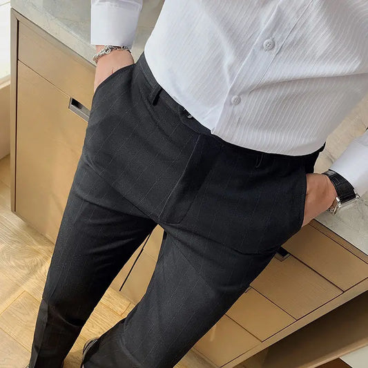 Men's Striped Trousers Stretch Feet Casual Pants Dark Gray High-quality Formal Suit Pants Pantalones Hombre