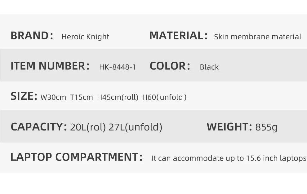 Heroic Knight Men's backpack Waterproof Roll Top Backpack Women Travel Expandable USB Charging Large Capacity Laptop Bag Mochila