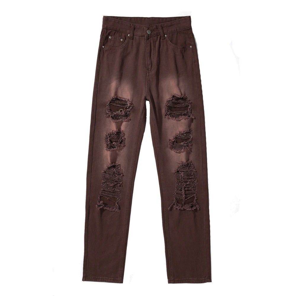 Brown Women Straight Pants Vintage Black Ripped Jeans Fashion Streetwear Hole Hip Hop