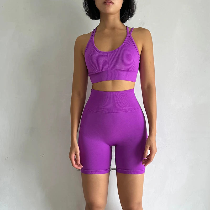 Women Yoga Set Gym Sportswear Sport Bra and Hight Waist Shorts Suit Fitness Workout