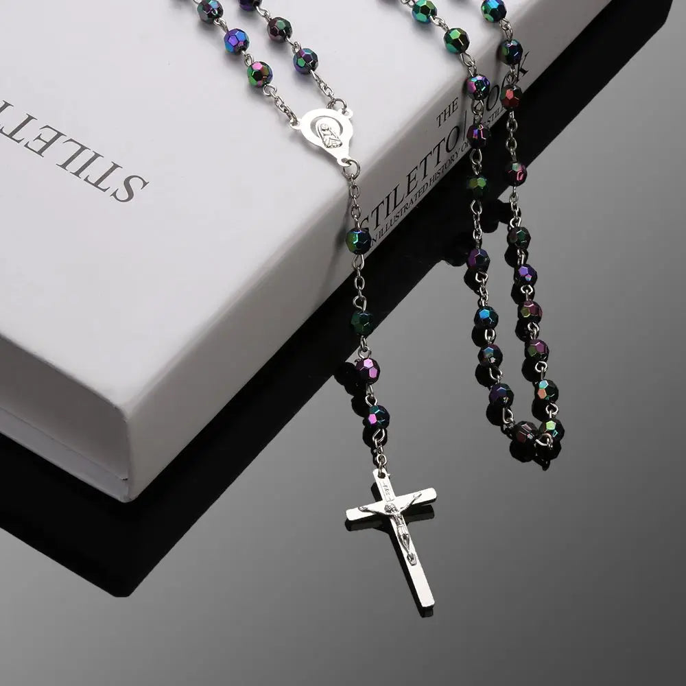 Jewelry Crucifix Charm Vintage Cross Necklace Jesus Rosary Beads Chain Virgin Mary Pendant