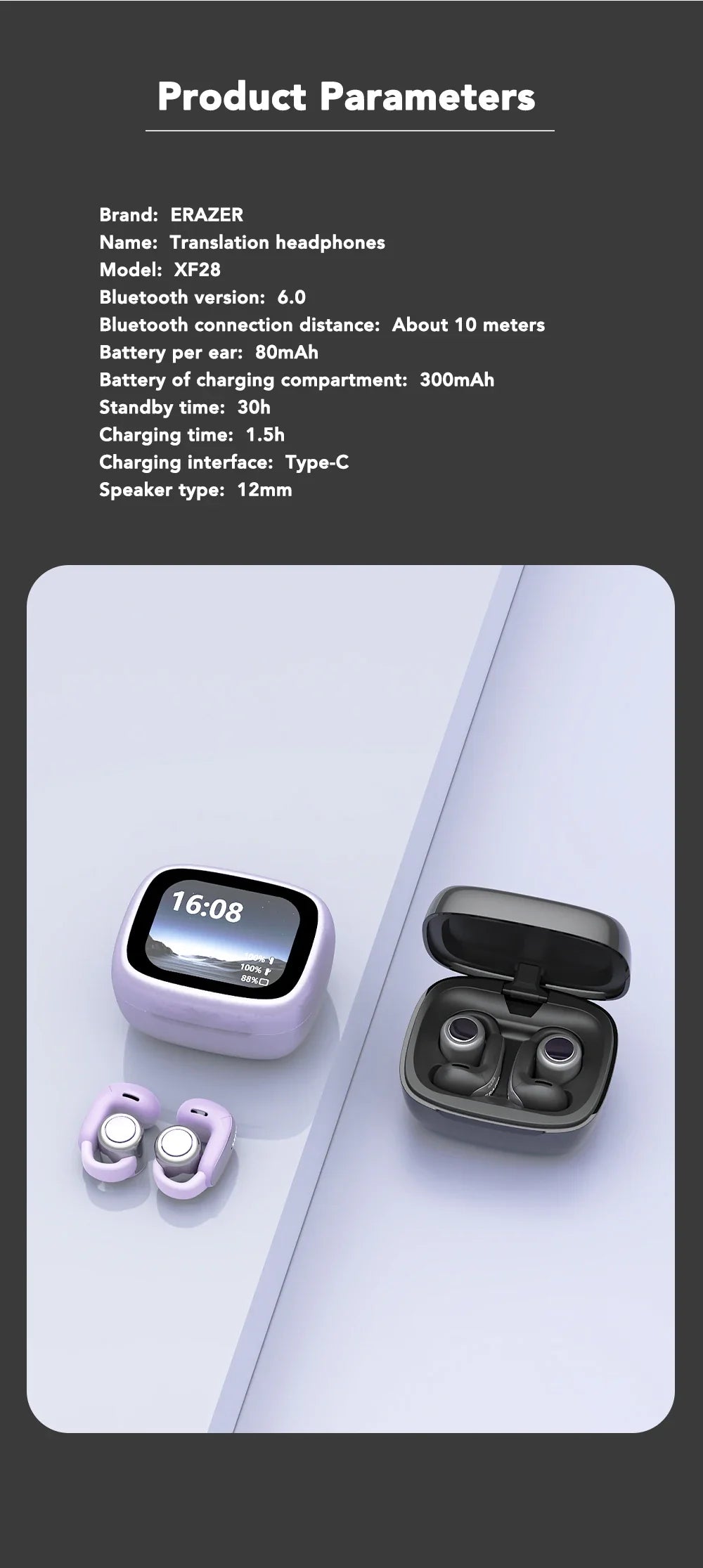 Translator ERAZER XF28 Bluetooth V6.0 Open-ear True Wireless EarbudsTranslation Earphones Office Travel,ASMR Headset APP
