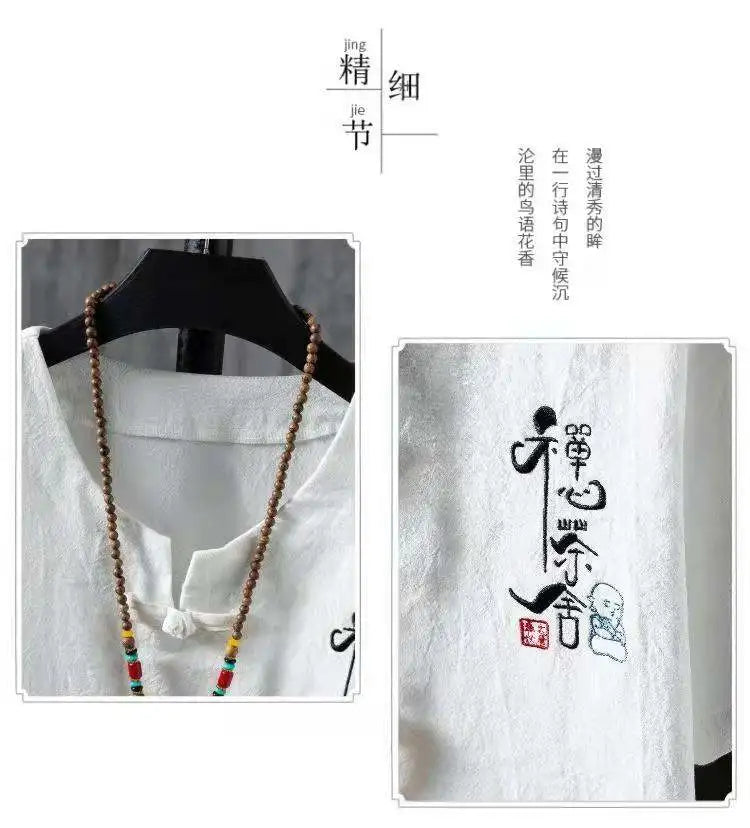 (Shirt + trousers)2025 summer Chinese Style men shirt Cotton and linen shirts men's High quality casual shirts Two Piece M-5XL