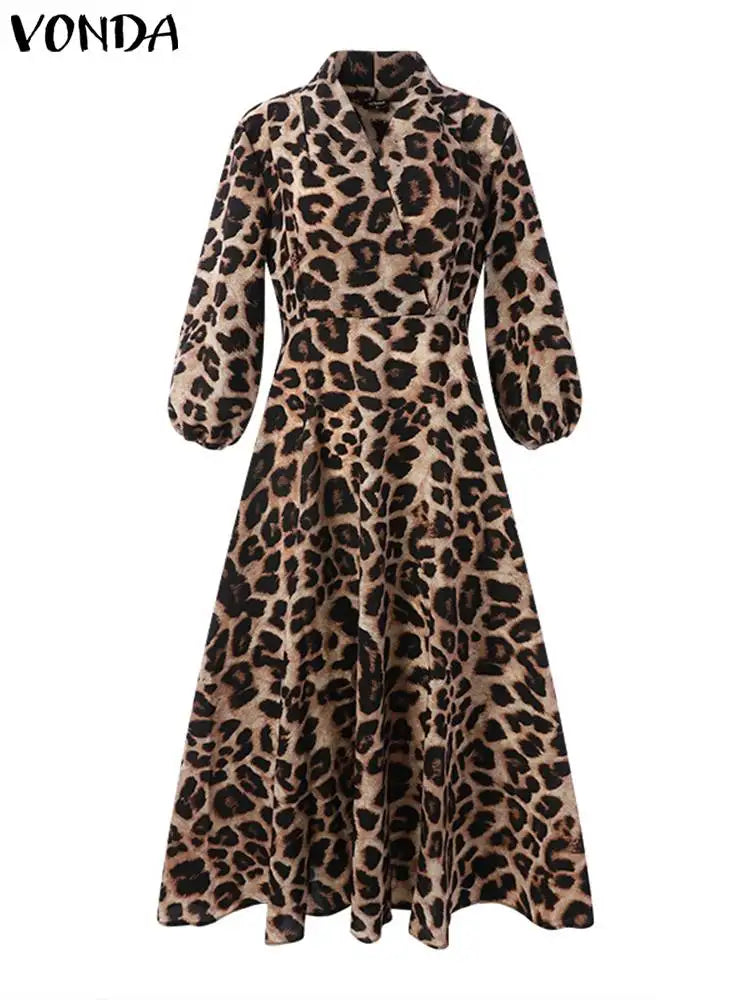 Plus Size 5XL VONDA Bohemian Dress Elegant Women Leopard Print Dress 2024 Long Lantern Sleeve Loose V Neck Casual Party Sundress