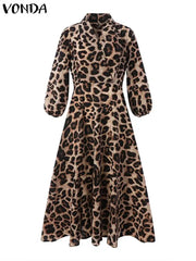 Bohemian Dress Elegant Women Leopard Print Dress Long Lantern Sleeve Loose