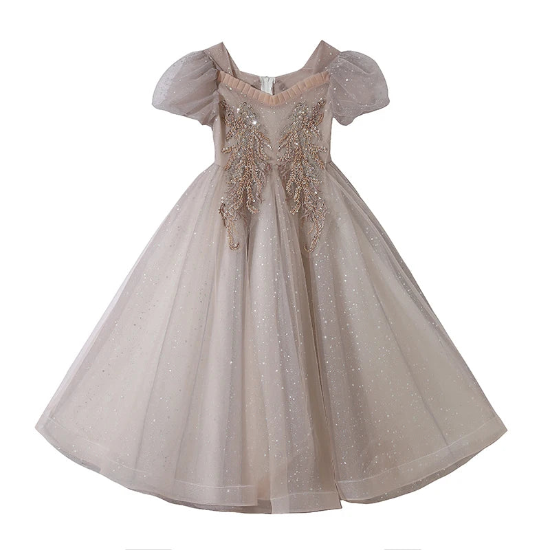 3-15T Teen Girl Fluffy Mesh Dresses for Elegant Party Princess Prom Gown Children Pageant Tailling Long Dress Performance Outfit