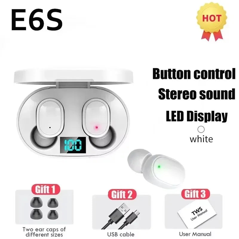 TWS E6S Wireless Bluetooth Earphones By Mic LED Display Stereo Noise Cancelling Headset With Charging Cable For All Smartphone