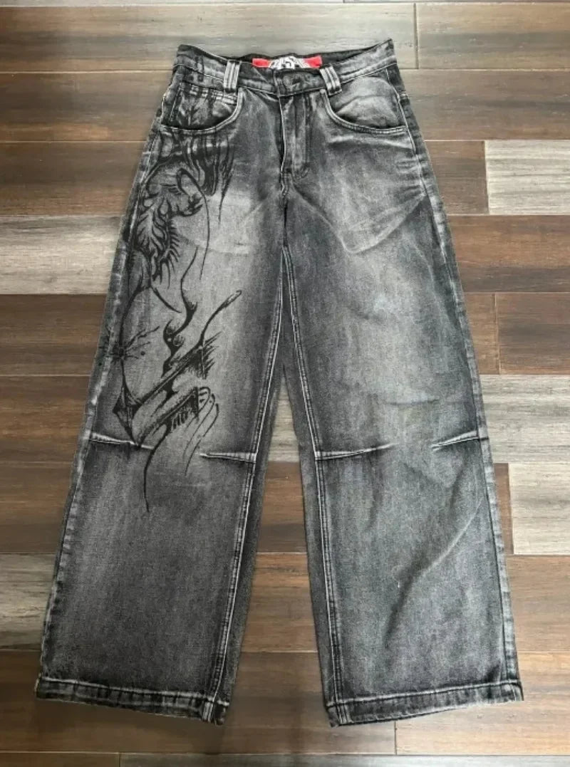 Y2K Jeans Women Washed Gray Straight Pants Street Gothic Loose