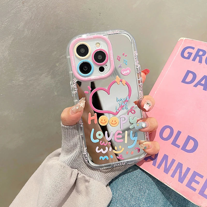 Lovely Girl Heart Mirror Phone Case For iPhone 11 12 13 14 15 16 Pro Max Shockproof