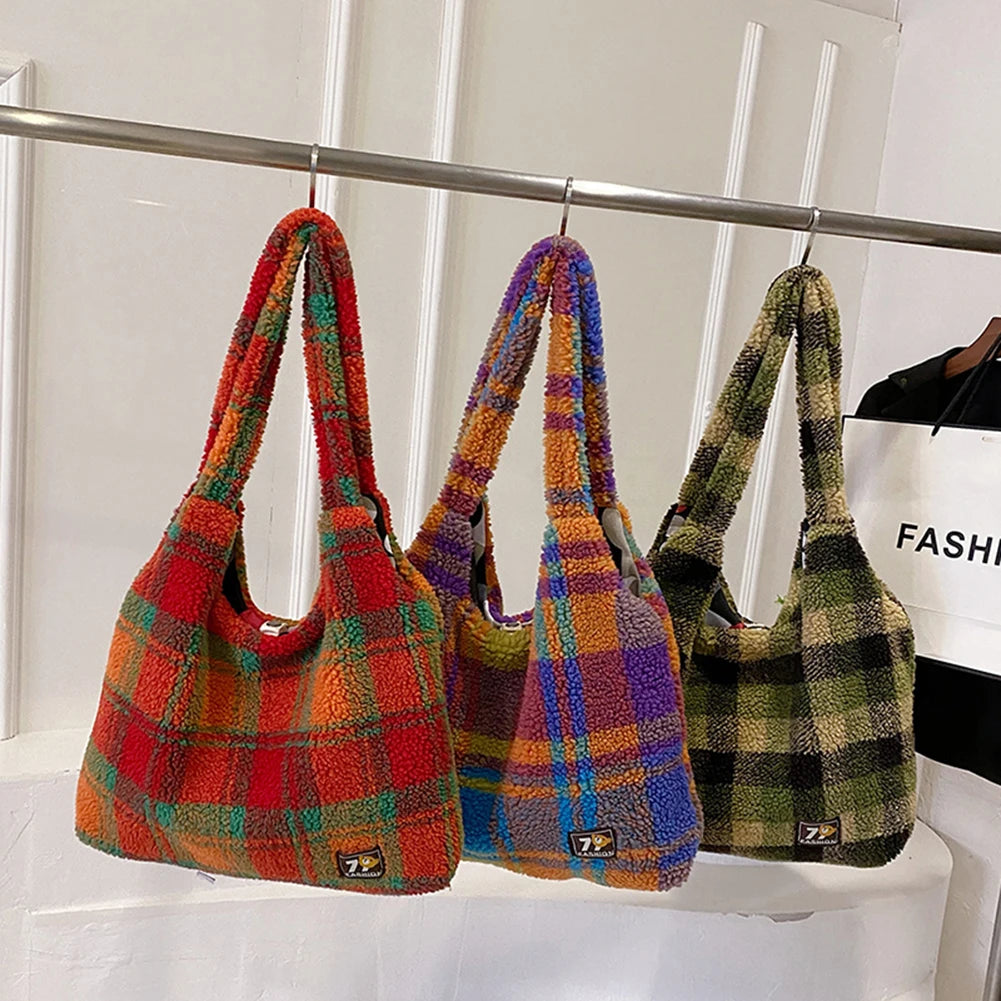 Women Lamb Wool Fluffy Handbag Large Capacity Plush Shoulder Bag Plaid