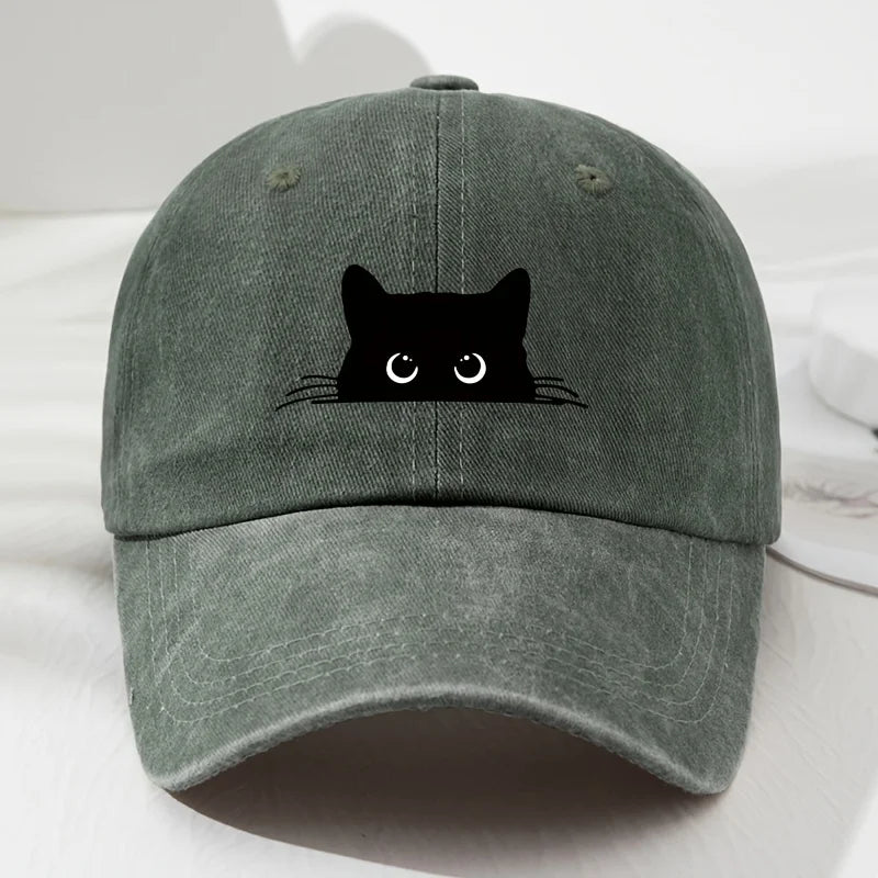 Cute cat print vintage washed baseball cap for men and women, versatile casual curved brim hat