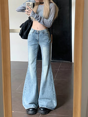 Women Mid Waist Stretch Slim Fit Flare Jeans Lady Y2K Blue Wash Trousers