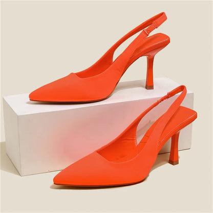 Women 9cm High Heels Pumps Neon Orange Green Sandals Lady Slingback Mules Pointed Toe Mid Heels Party Fetish Prom Wedding Shoes