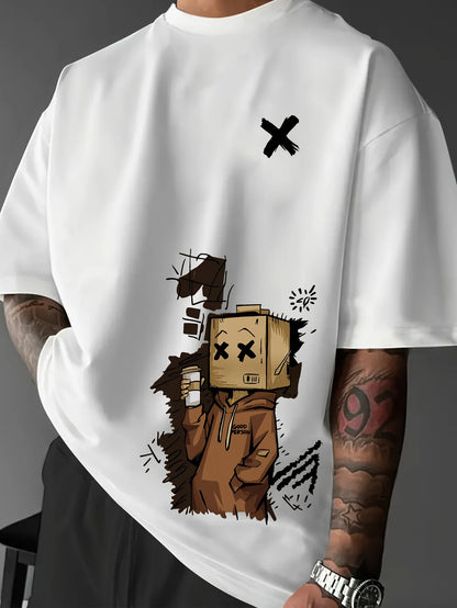 Men's 100% pure cotton fashionable casual sports loose trendy doll graffiti printed round neck short sleeved T-shirt top