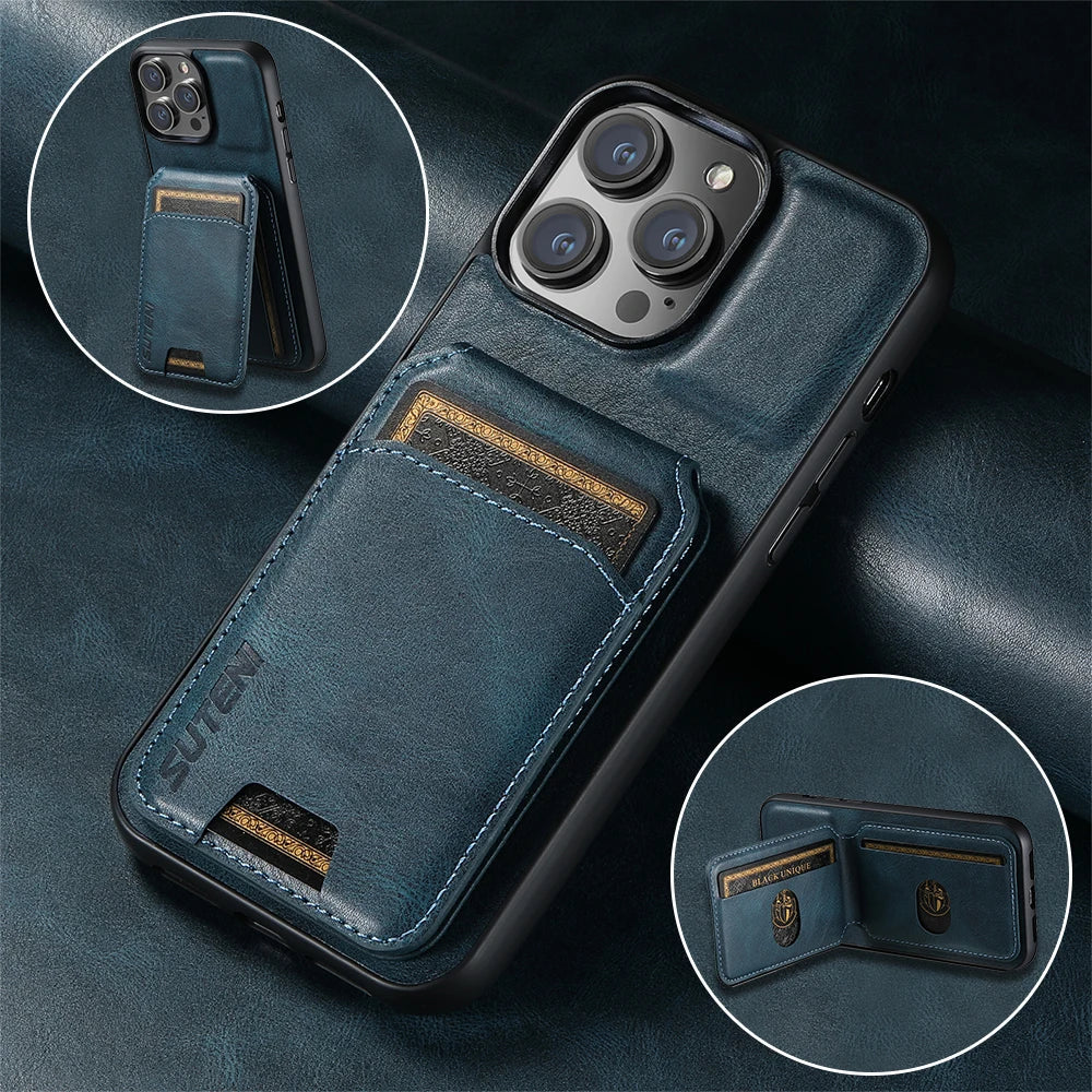 SUTENI Luxury Leather Card Holder Phone Case Wallet Kickstand Cover For iPhone 17 16 15 14 13 12 11 Pro Plus Max X Xs XR