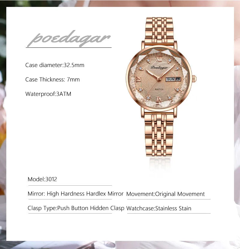 POEDAGAR Elegant Luxury Women Watch Waterproof Luminous Date Week Ladies Watches Fashion Stainless Steel Quartz Woman Wristwatch