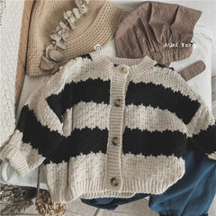 Baby Boys And Girls Baby Black And White Striped Knitted Cardigan Children's Casual Loose Baby Clothes