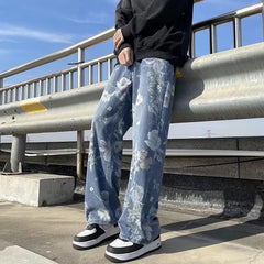 Spring Korean Style Mens Floral Denim Pant High Street Loose Straight