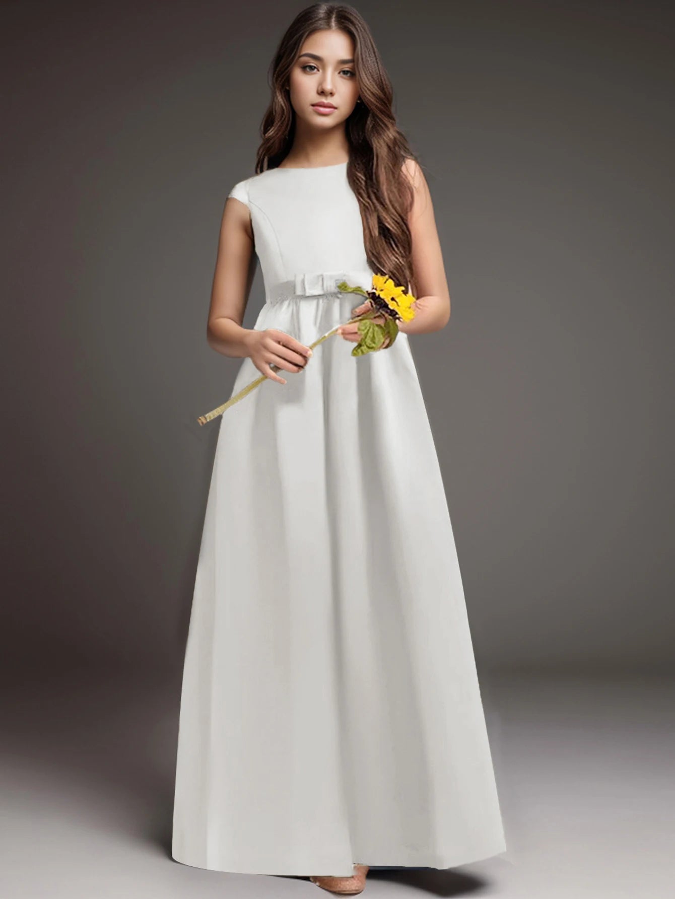 Teen Girl White Long Dress for Birthday Party Performance Featuring Elegant Evening Gown