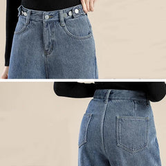 Winter Thicken Plush Lined Wide Leg Jeans Women High Waist Warm Straight Jeansy