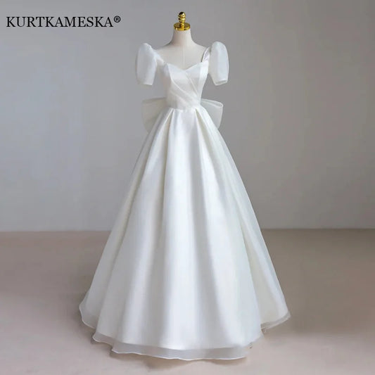 French Luxury White Satin Maxi Wedding Dresses for Bride