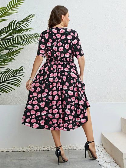 Plus Size Floral Print Wrapped V-Neck Women Dresses Short Sleeves A-Line Bohemia Robe Casual Lady Vacation Large Size Clothing