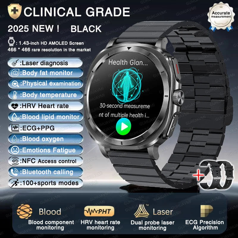 2025 Fashion New Expert level Health Smart Watch Men ECG+PPG Laser Monitor Uric Acid Blood Fat Blood Pressure NFC HD Call Watch
