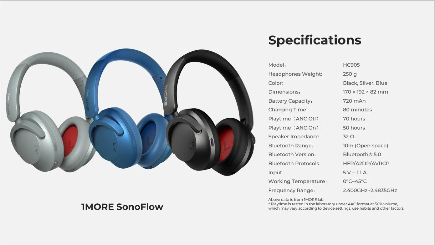 1MORE SonoFlow Active Noise Cancelling Headphones 70H Playtime Clear Calls electronics flash-sale Headset HC905 Bluetooth 5.0